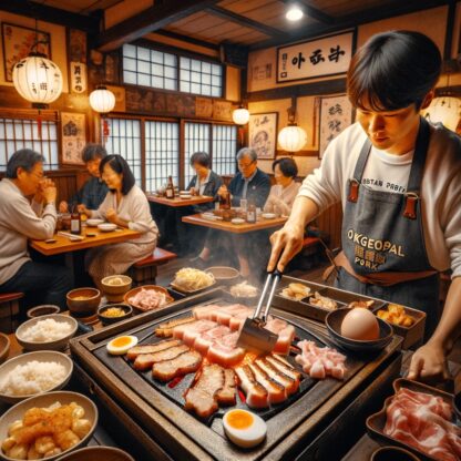 鉄鍋屋で提供されるサムモクサルの魅力的なシーンを捉えています。この写真は、福井市にある韓国料理専門店の活気ある雰囲気と、おとめ豚を使用した料理の調理過程を表現しています。