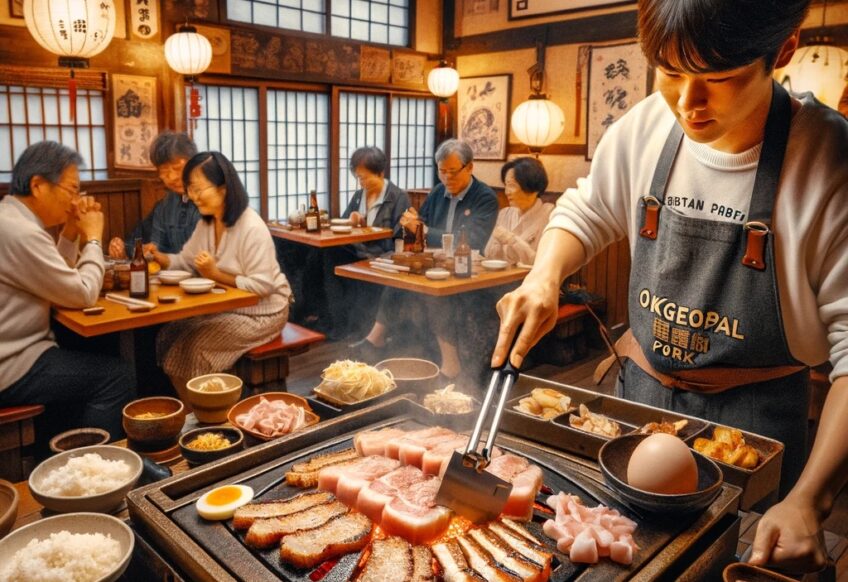鉄鍋屋で提供されるサムモクサルの魅力的なシーンを捉えています。この写真は、福井市にある韓国料理専門店の活気ある雰囲気と、おとめ豚を使用した料理の調理過程を表現しています。